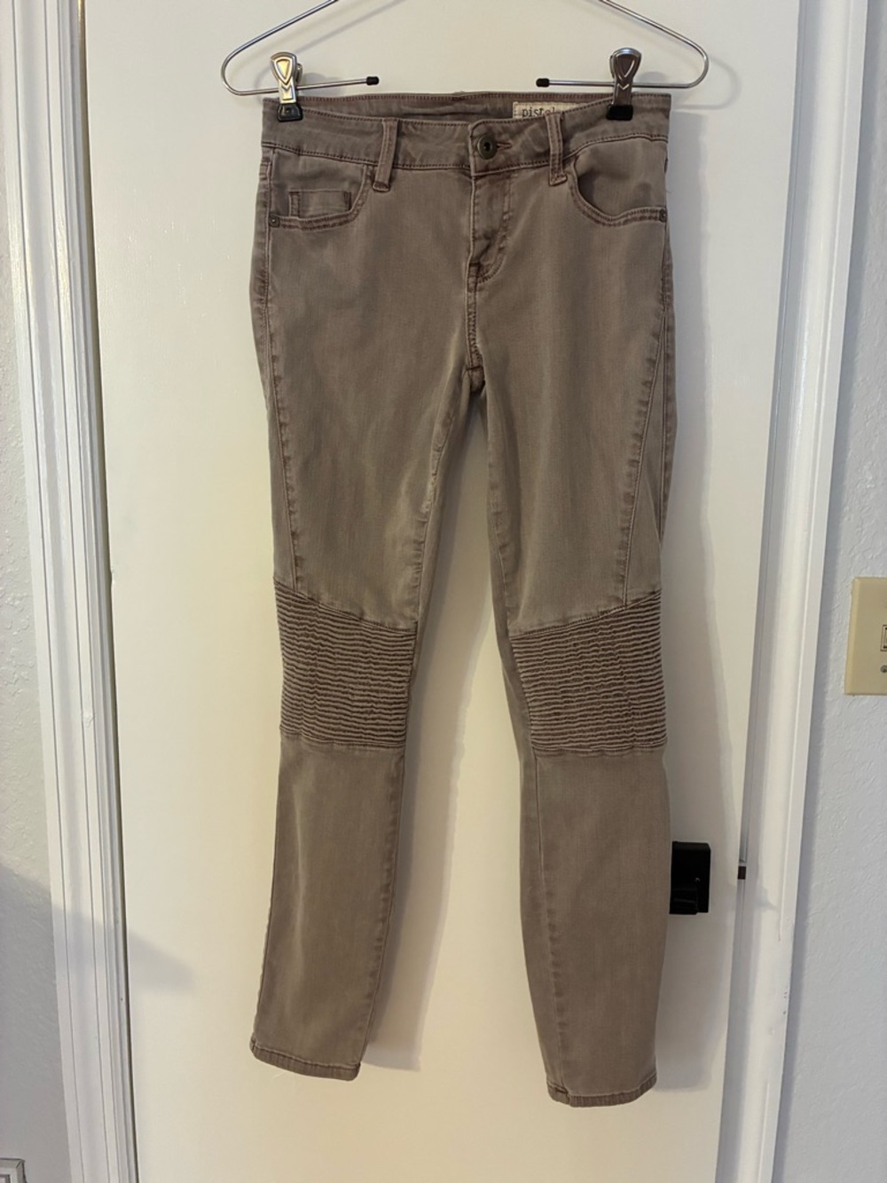 pistola Gray Slim Denim Jeans with Subtle brown Stitching and Unique Knee Design
